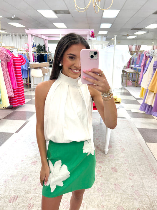 Floral Pearl Applique Linen Skirt (Green)