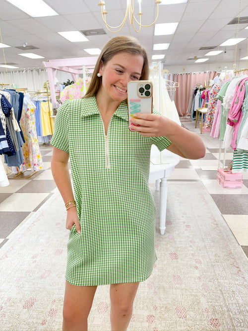 Green Gingham Zip Up Athletic Dress