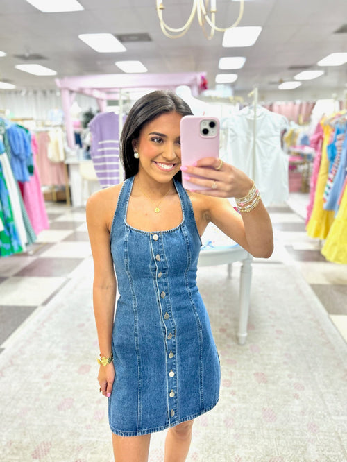Halter Button Up Denim Mini Dress