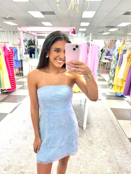 Heavenly Blooms Beaded Strapless Mini Dress