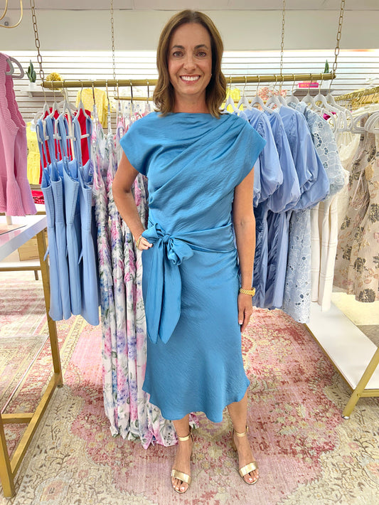 Jasmine Satin Midi Dress (Blue)