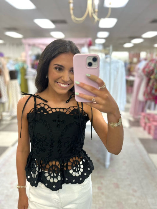 Kameryn Eyelet Tie Strap Peplum Top (Black)