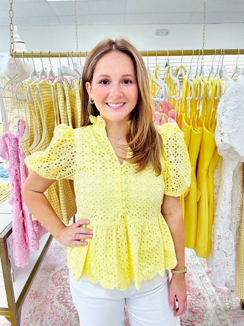Lemon Eyelet Peplum Top