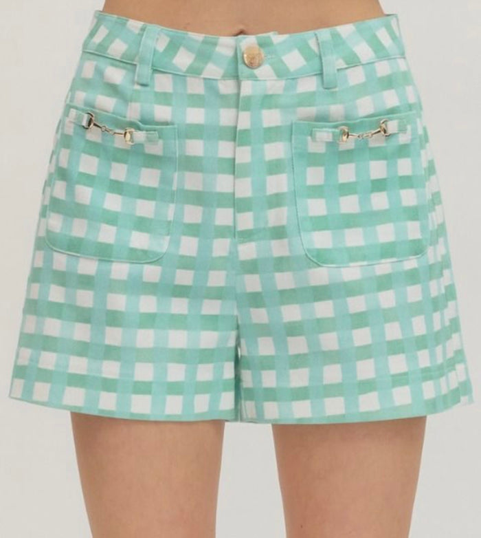 Mint Check Print Shorts
