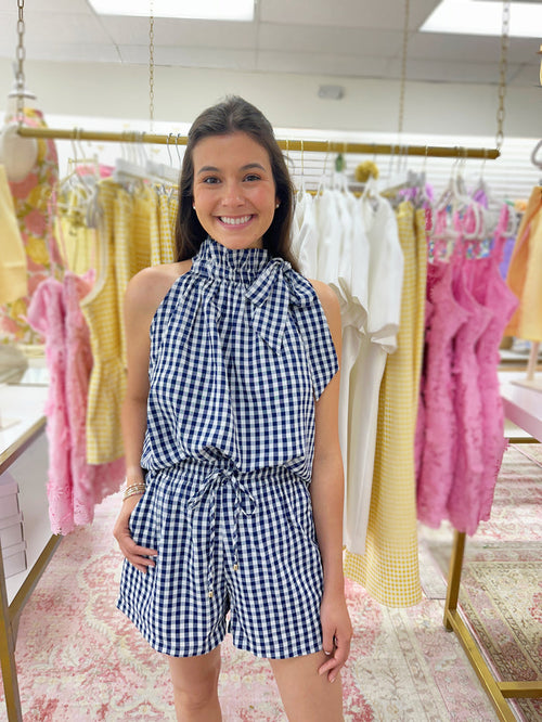 Navy Gingham Tie Neck Top
