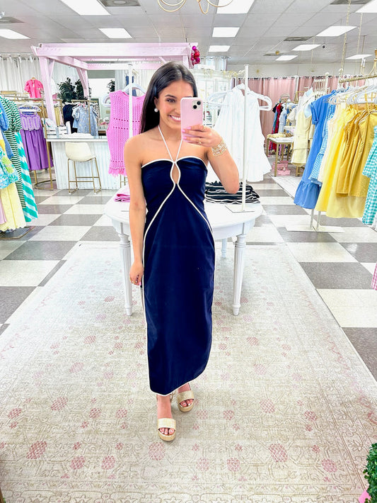 Navy Isle Piping Midi Dress