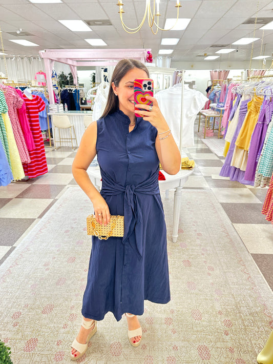 Navy Tie at Waist Midi Dress