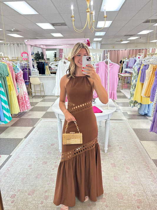 Noir Halter Neck with Cut Outs Linen Maxi Dress (Brown)