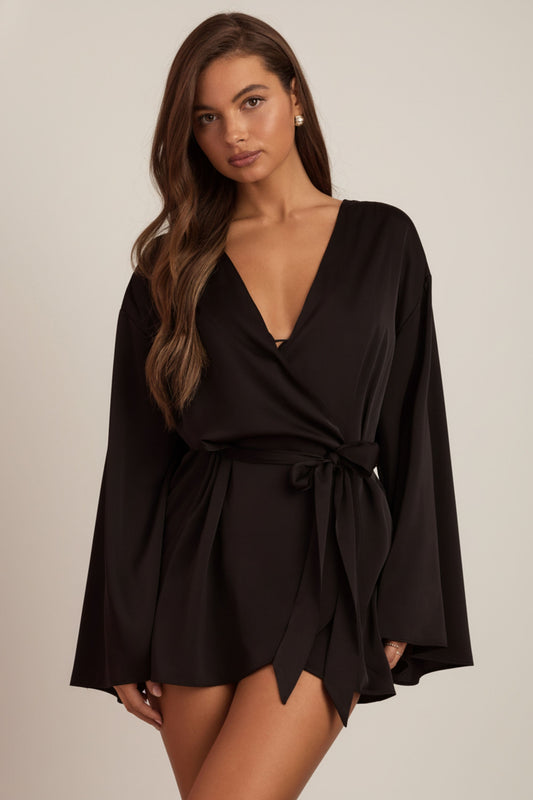 Embellished Loose-Fit Wrap-Over Robe in Black
