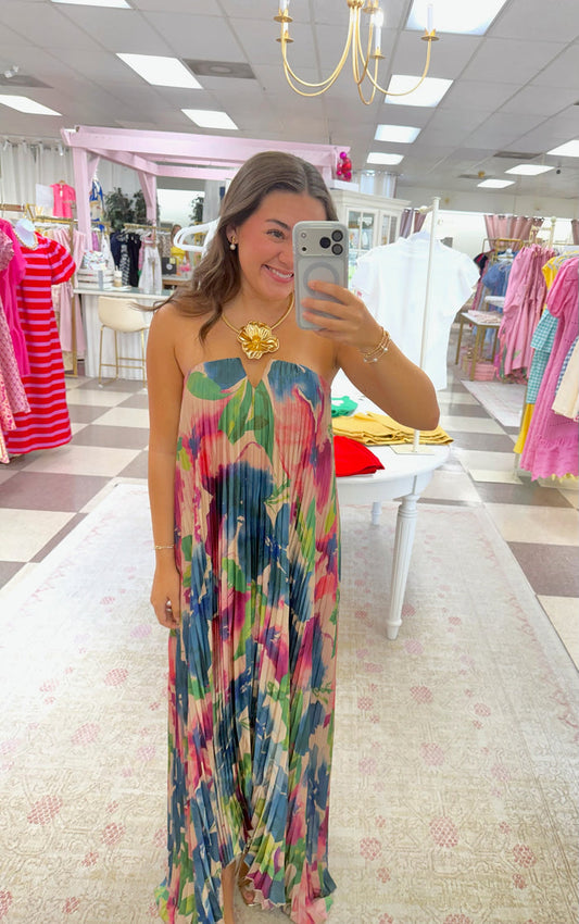 Painted Petals Pleated Maxi Dress