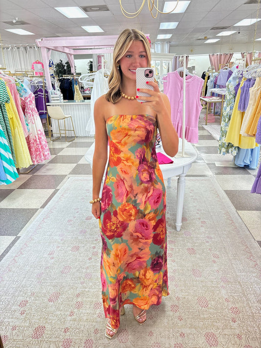 Parisian Floral Strapless Maxi Dress