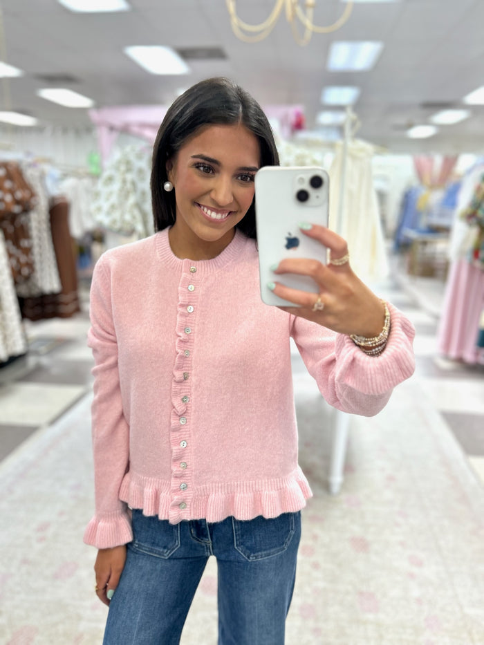 Pink Ruffle Button Down Sweater