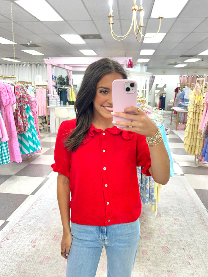 Red Ruffle Collar Button Down Sweater