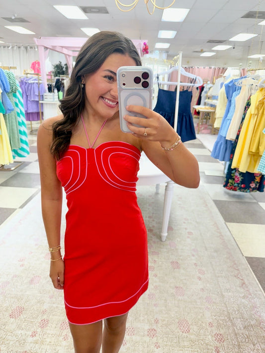 Red with Pink Piping Halter Mini Dress
