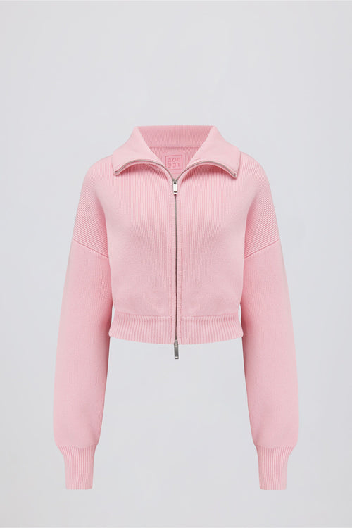 Ribbed Knit Zip-Up Cropped Sweatshirt in Pale Pink