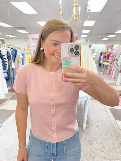 Scalloped Button Down Knit Top (Pink)