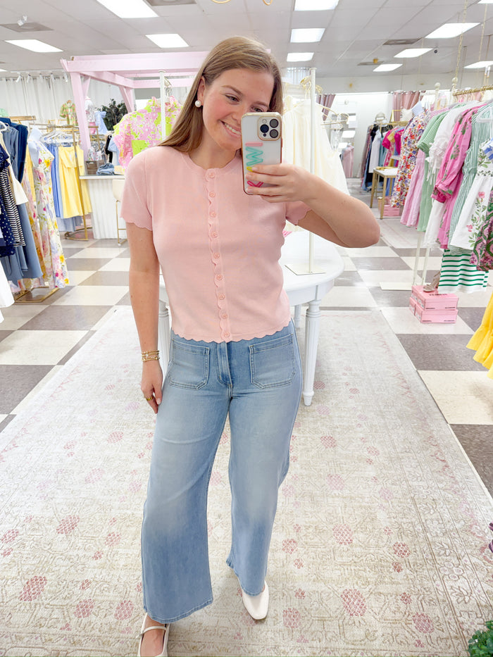 Scalloped Button Down Knit Top (Pink)