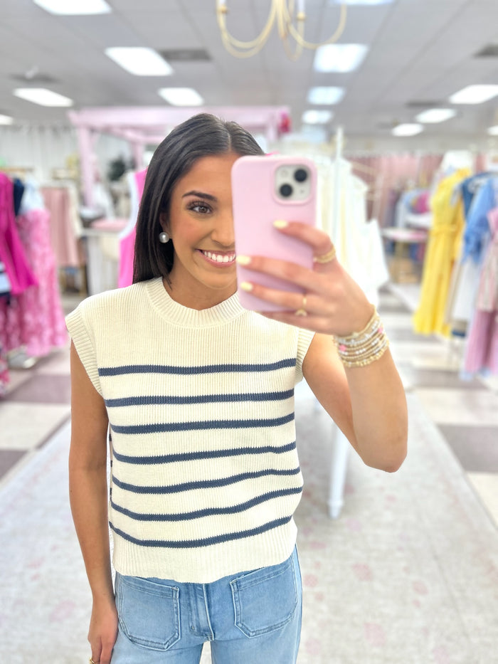 Sea Ya Sleeveless Sweater Top (Dusty Blue/White)