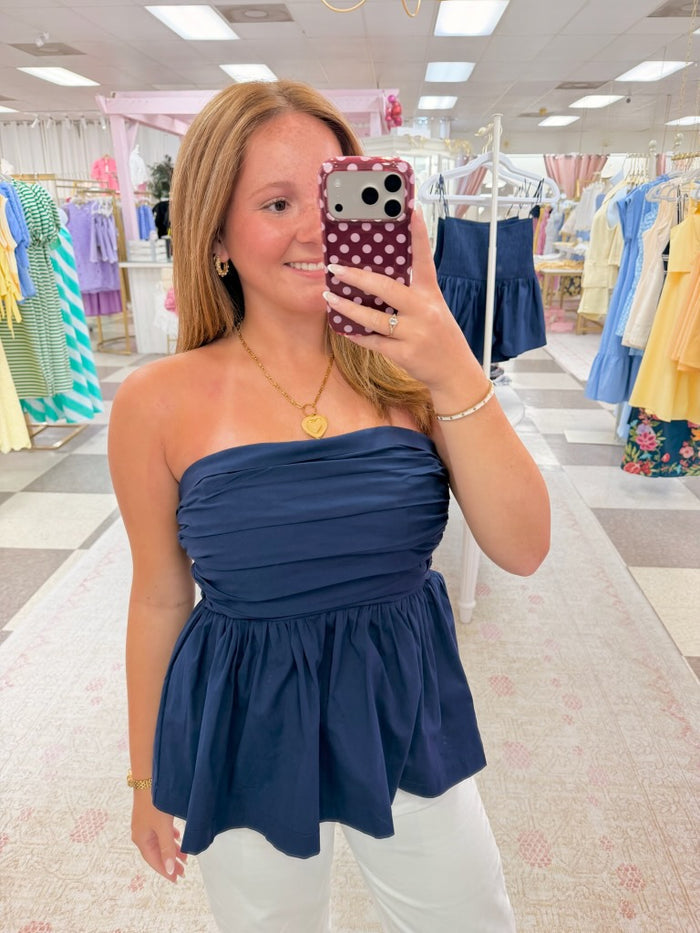 Strapless Pleated Peplum Top (Navy)