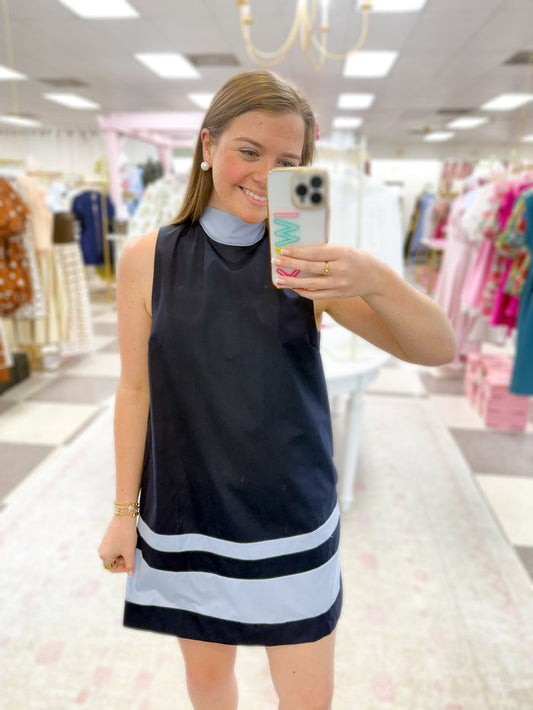 Tidewater Tie at Neck Dress (Navy/Lt Blue)
