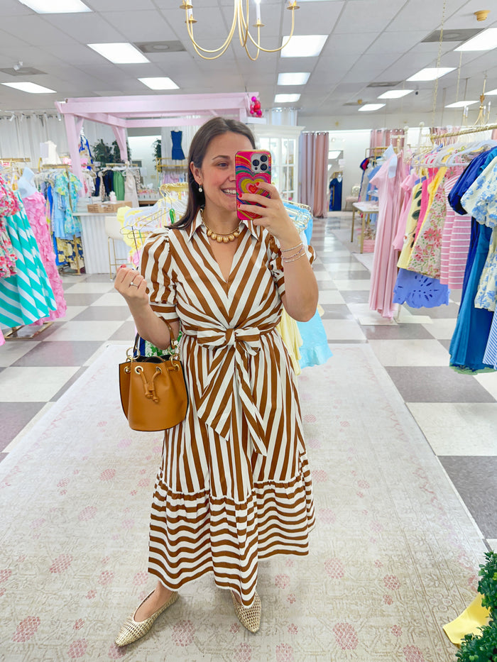 Tied Together Stripe Midi Dress (Caramel)